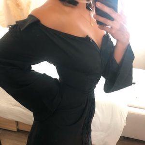 Black Bardot flare sleeve lace up shirt dress